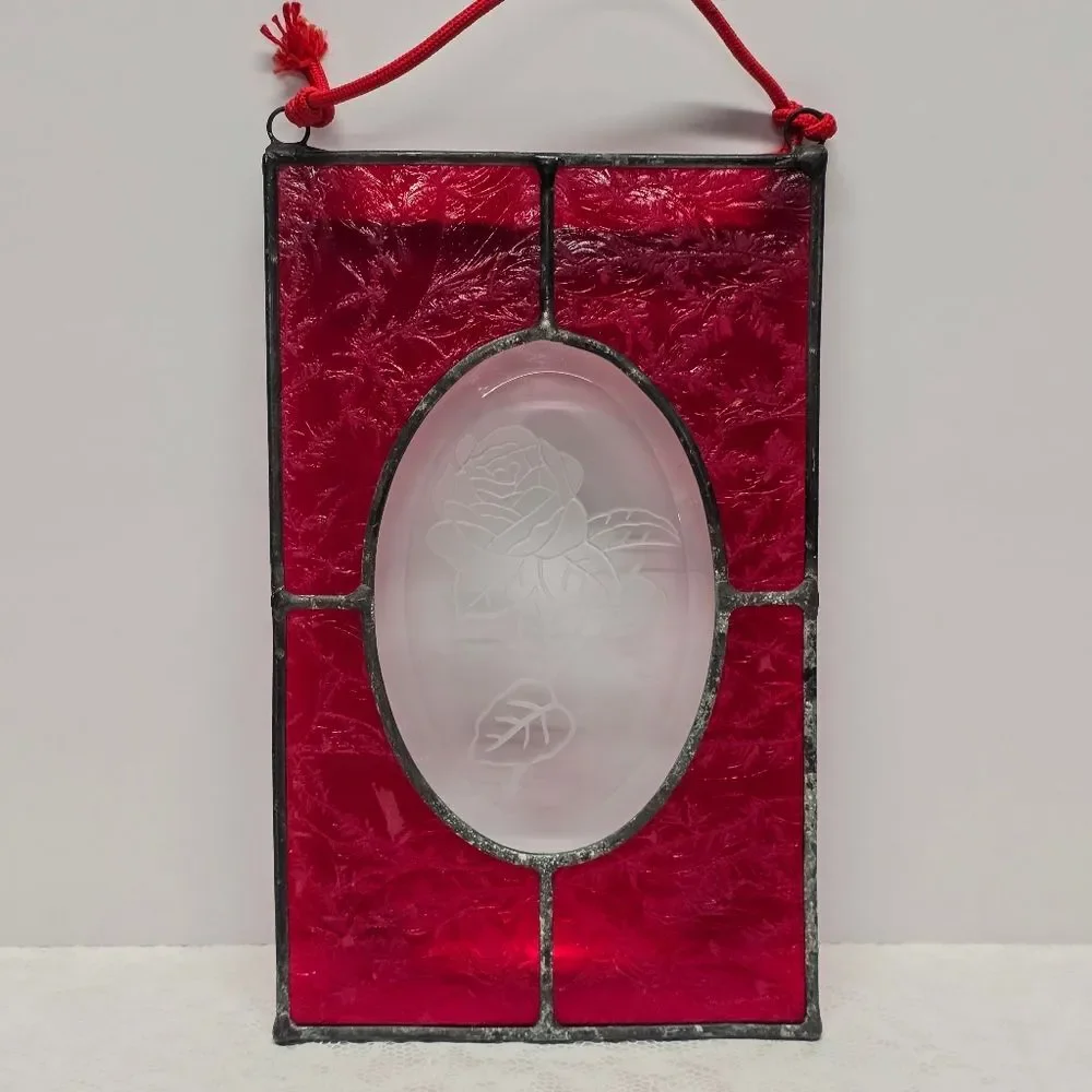 Vintage MCM Stained Glass Red And Clear Rose Suncatcher Window Panel